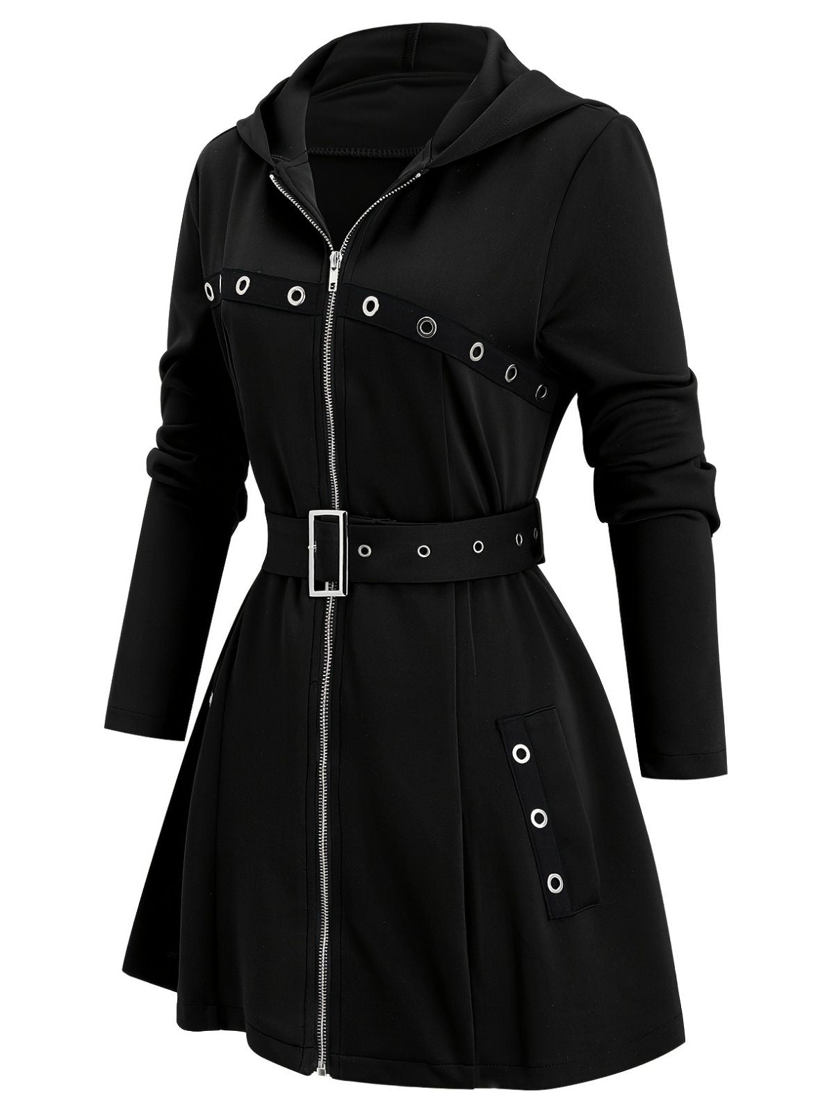 1960er Punk Hooded Zipper Gürtel Midi Jacke