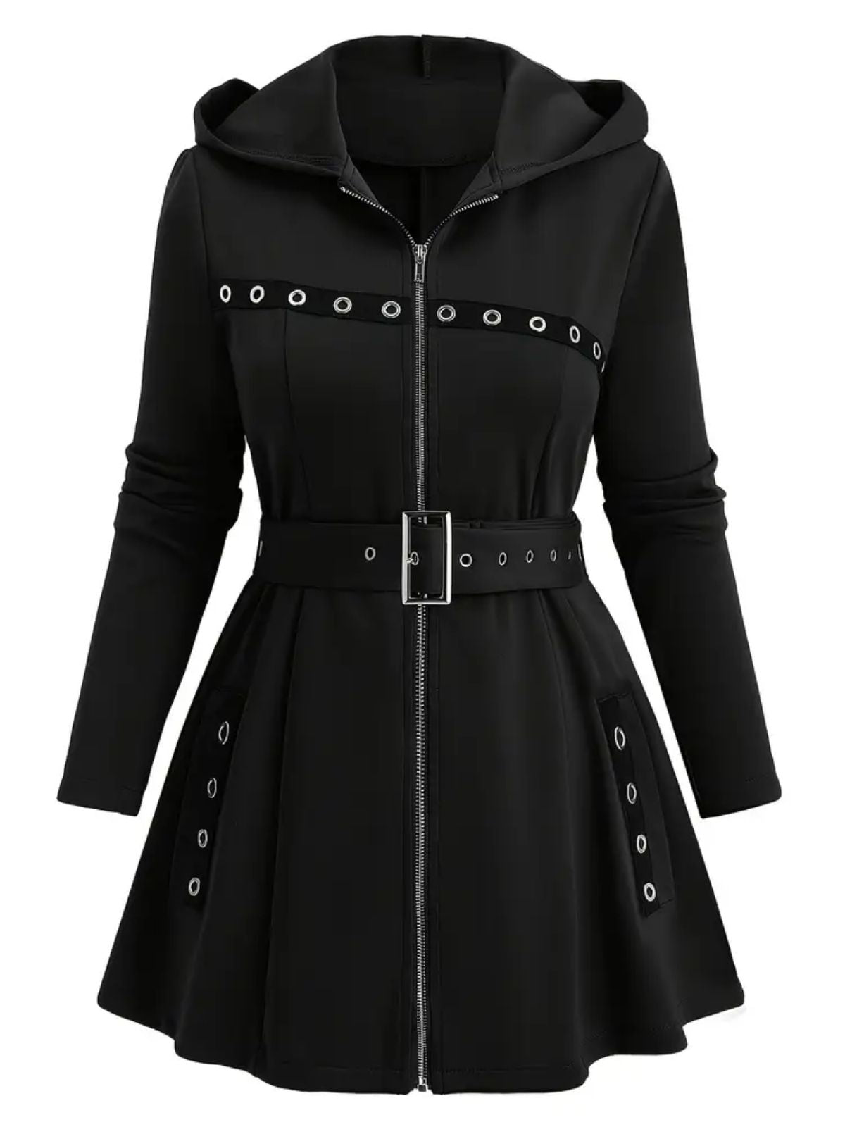 1960er Punk Hooded Zipper Gürtel Midi Jacke