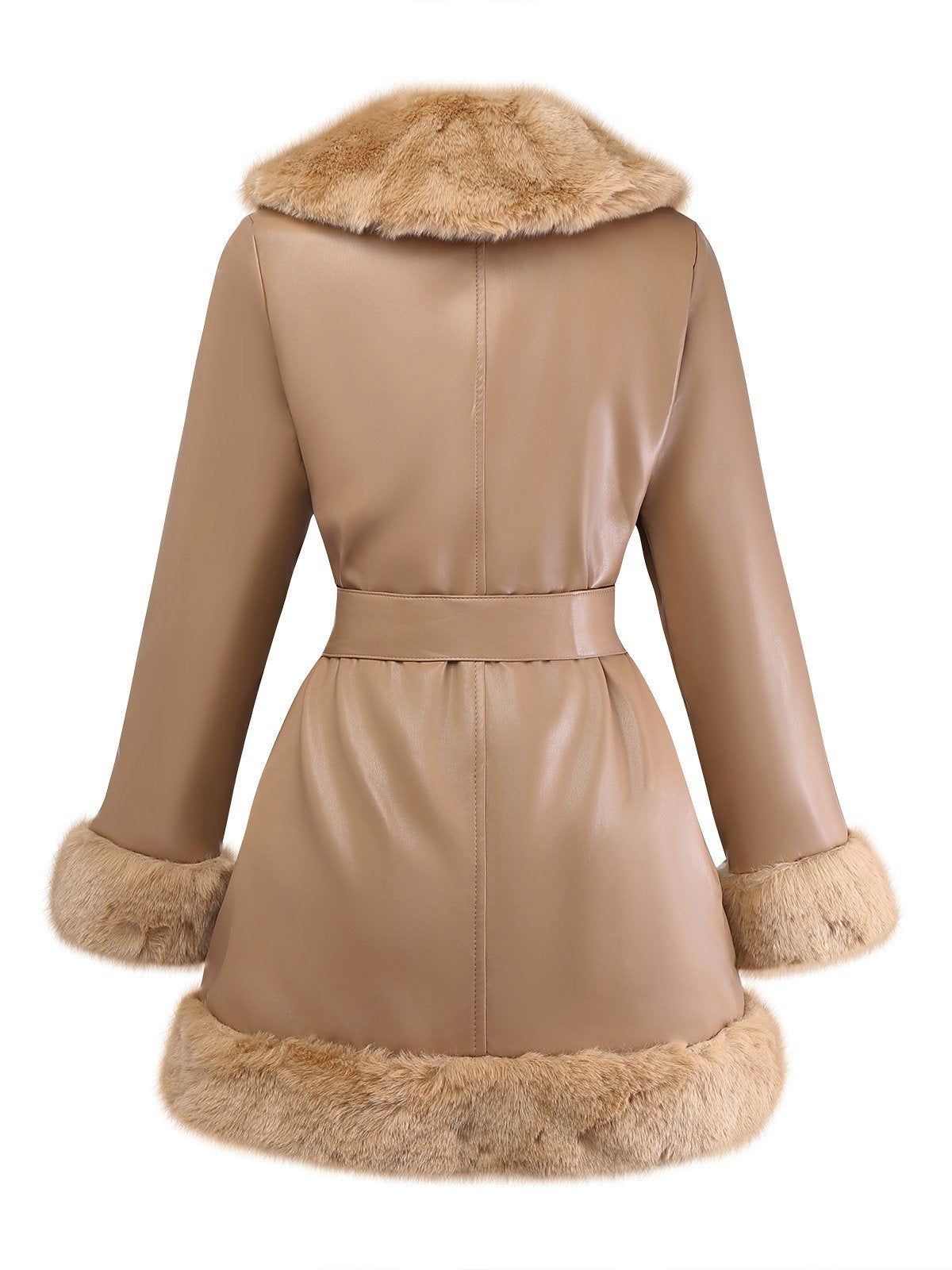 Khaki 1940er PU Leder Kunst Pelz Kragen Gürtel Mantel